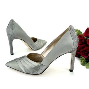 Pelle Moda Stiletto Pump Silver/Gray Satin Sparkly Rhinestone Along The Heel New
